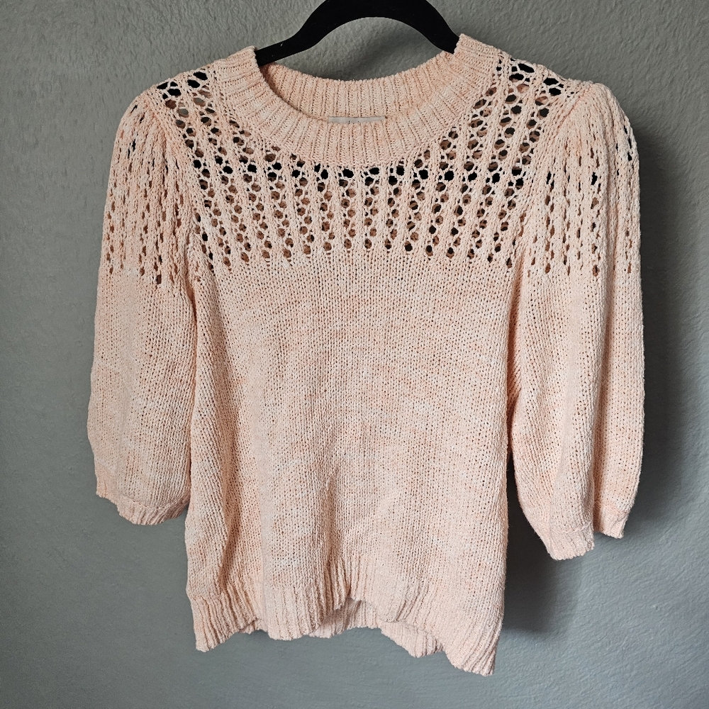 Joie Una Plumeria  Melon Space Dye ¾ Puff Sleeve Knit Sweater Size MMeasurements